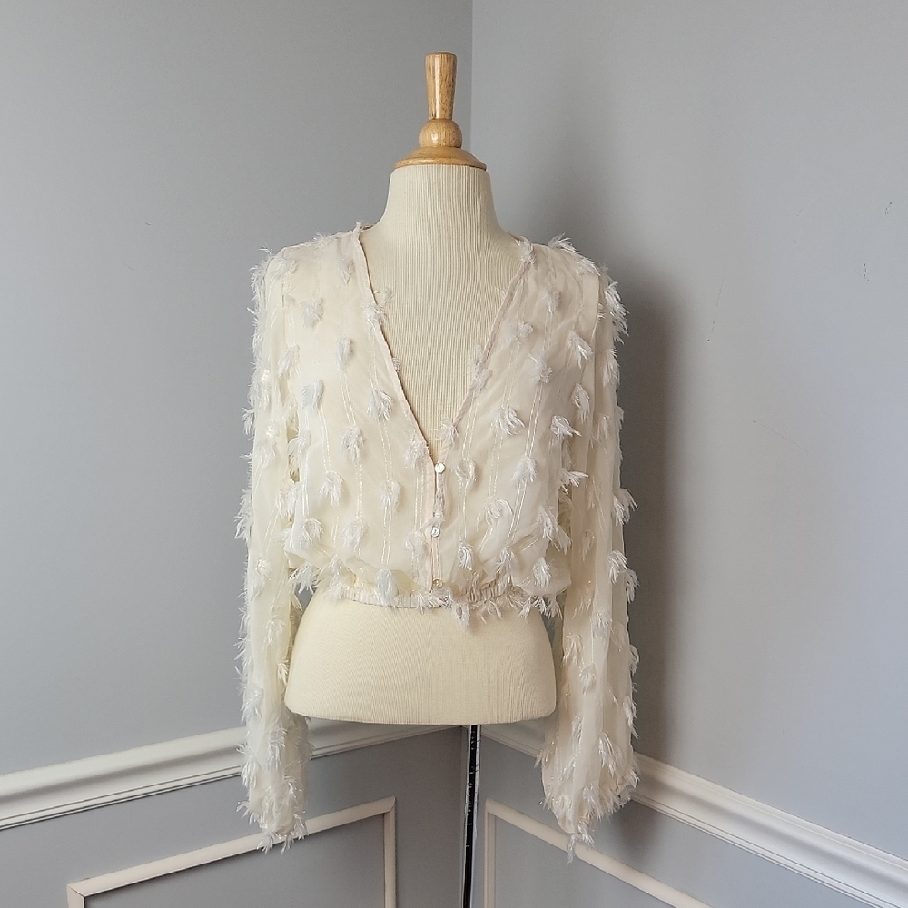 SHEIN Ivory V-Neck Button Feather Sparkle Sheer‎ Date Night Cropped Party Top M